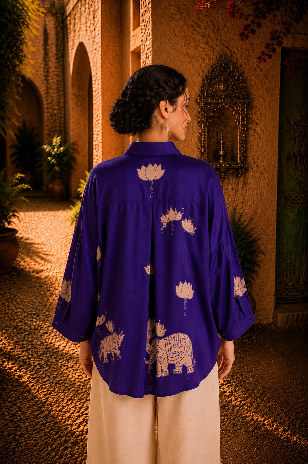 Purple Kalamkari Elephant & Lotus Print Oversized Cotton Shirt | Premium Relaxed Fit Ethnic Fusion Top for Women