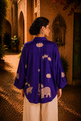 Purple Kalamkari Elephant & Lotus Print Oversized Cotton Shirt | Premium Relaxed Fit Ethnic Fusion Top for Women