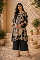 Black & Beige Kalamkari Kurta Set with Embroidery - Modern Ethnic Wear for Women