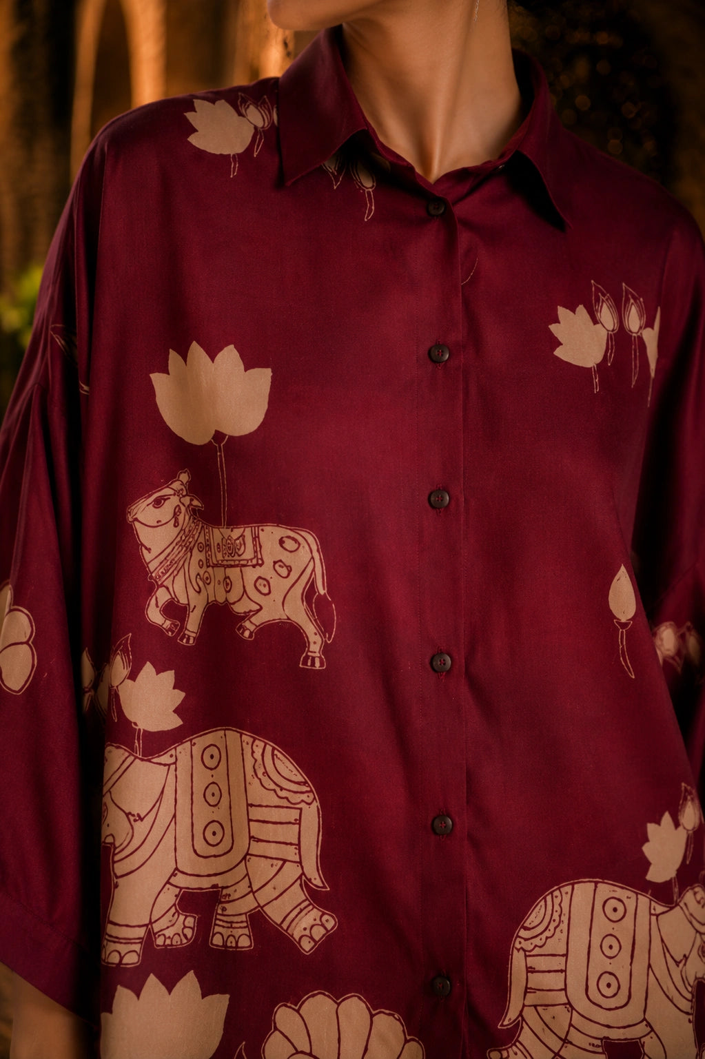 Maroon Kalamkari Elephant & Lotus Print Oversized Cotton Shirt – Premium Relaxed Fit Ethnic Fusion Top for Women
