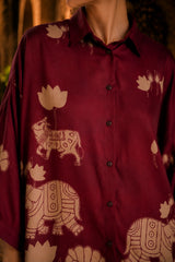 Maroon Kalamkari Elephant & Lotus Print Oversized Cotton Shirt – Premium Relaxed Fit Ethnic Fusion Top for Women