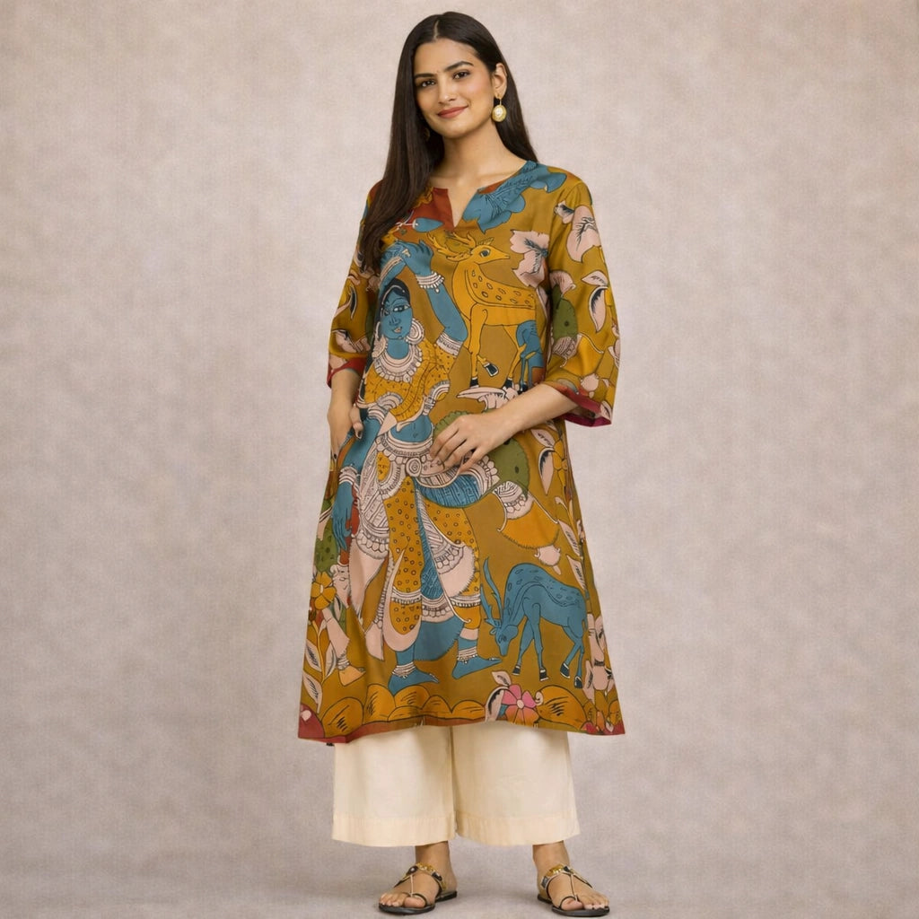 Chitra Kalamkari Print Kurta & Relaxed Pants Set (Mustard Yellow & Multi-Colored)