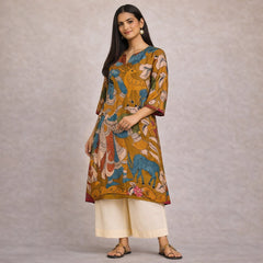 Chitra Kalamkari Print Kurta & Relaxed Pants Set (Mustard Yellow & Multi-Colored)