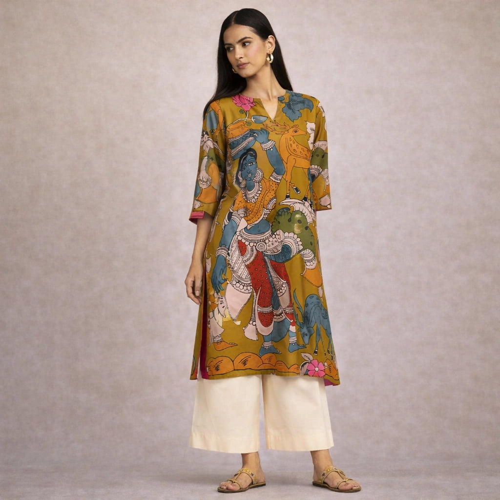Chitra Kalamkari Print Kurta & Relaxed Pants Set (Mustard Yellow & Multi-Colored)