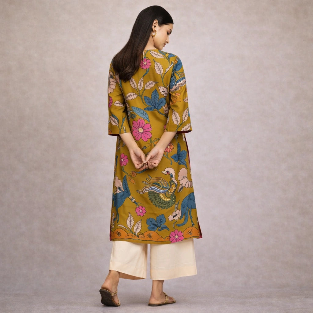 Chitra Kalamkari Print Kurta & Relaxed Pants Set (Mustard Yellow & Multi-Colored)
