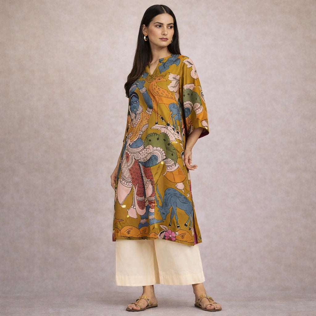 Chitra Kalamkari Print Kurta & Relaxed Pants Set (Mustard Yellow & Multi-Colored)