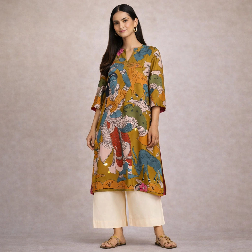 Chitra Kalamkari Print Kurta & Relaxed Pants Set (Mustard Yellow & Multi-Colored)