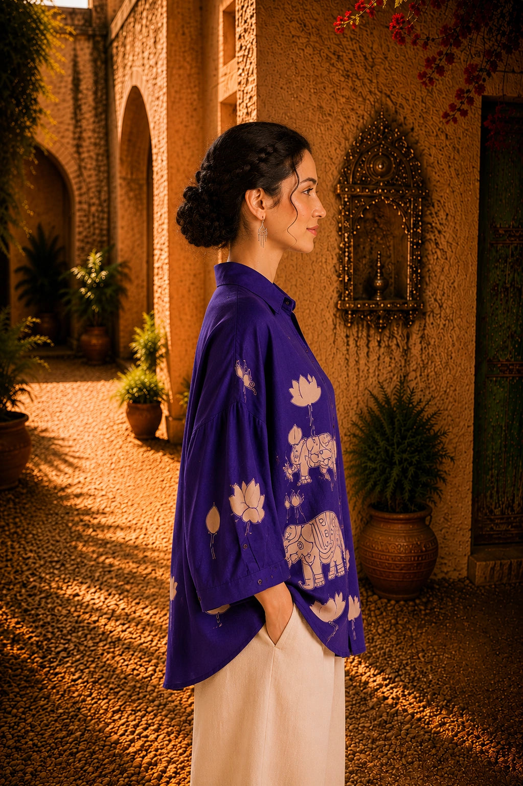 Purple Kalamkari Elephant & Lotus Print Oversized Cotton Shirt | Premium Relaxed Fit Ethnic Fusion Top for Women
