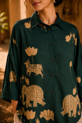 Green Kalamkari Elephant & Lotus Print Oversized Cotton Shirt – Premium Relaxed Fit Ethnic Fusion Top for Women