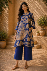 Royal Blue Kurta Set with Embroidery and Kalamkari Print