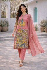 Pink Krishna Printed Cotton Kurta Pant Dupatta Set for Women | Ethnic Motif Kurti Set