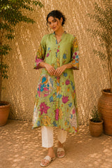 Vrindika Premium Cotton Printed Kurta Set with Pants – Pista Green Floral Ethnic Wear