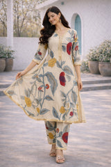 Off-White Floral Cotton Kurta Set with Lace Detailing