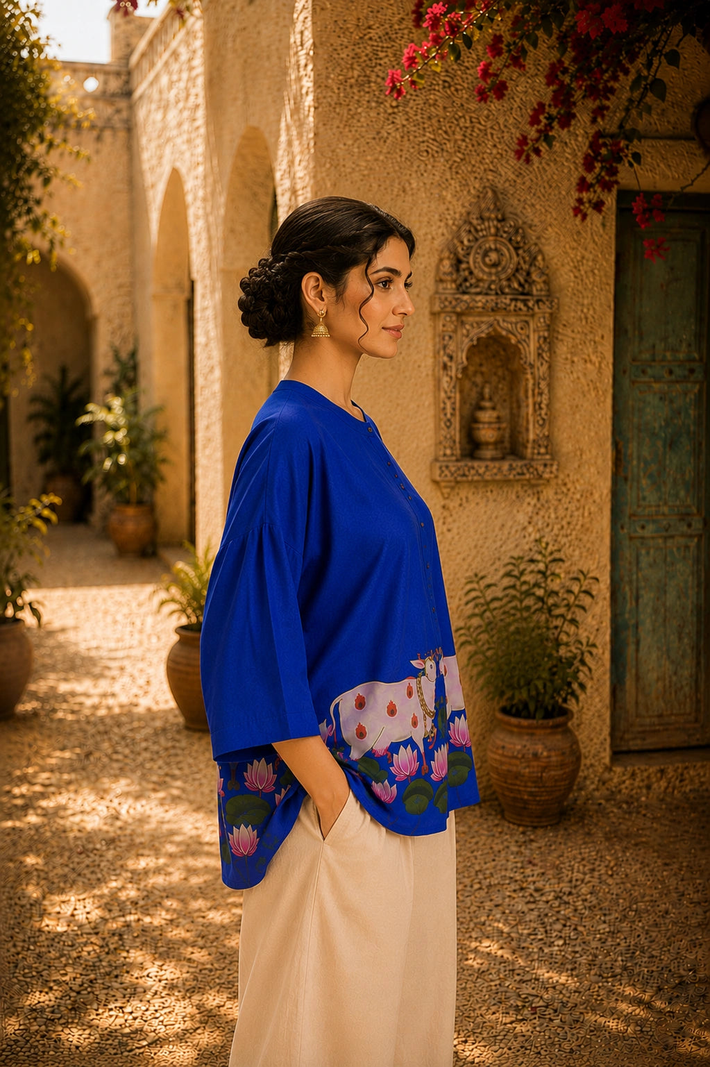Surbhi Kalamkari Oversized Cotton Shirt for Women – Royal Blue