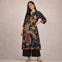 Chitra Kalamkari Print Kurta & Relaxed Pants Set (Black & Multi-Colored)