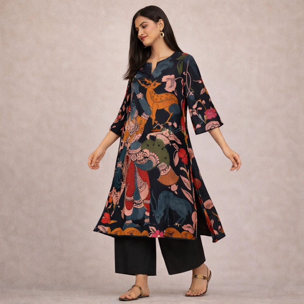 Chitra Kalamkari Print Kurta & Relaxed Pants Set (Black & Multi-Colored)