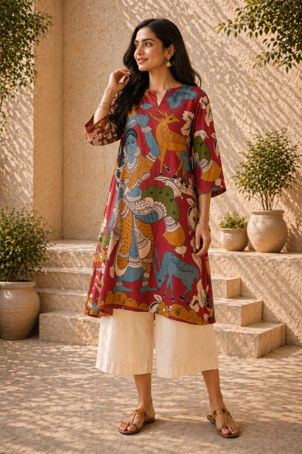 Chitra Kalamkari Print Kurta & Relaxed Pants Set (Rust & Multi-Colored)
