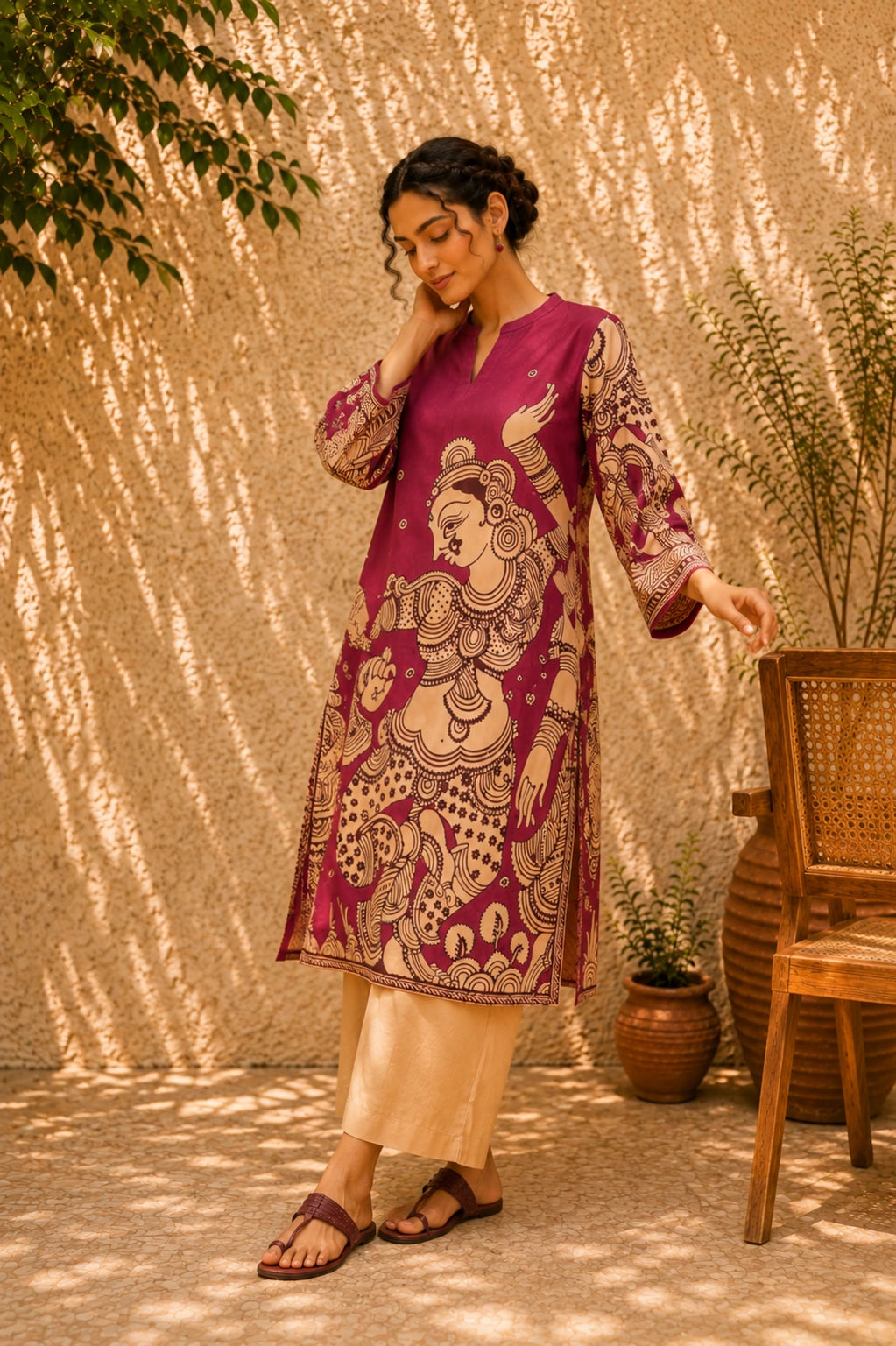 Taal Premium Cotton Kurta Set with Pants – Magenta Artistic Ethnic Wear