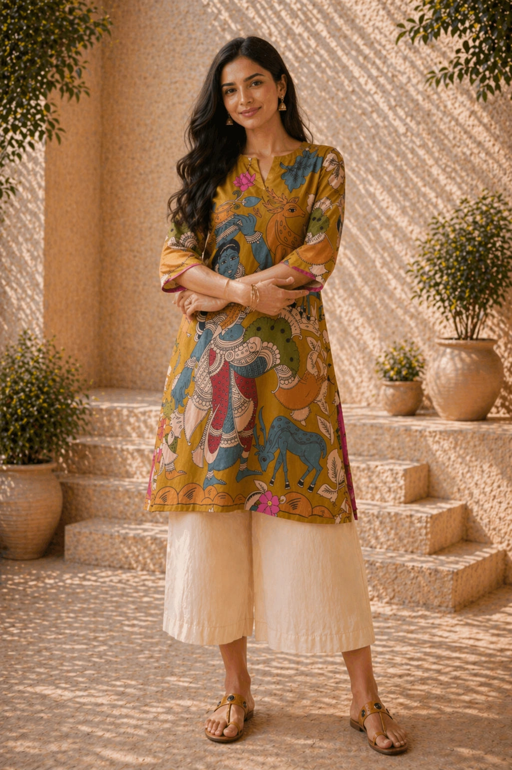 Chitra Kalamkari Print Kurta & Relaxed Pants Set (Mustard Yellow & Multi-Colored)