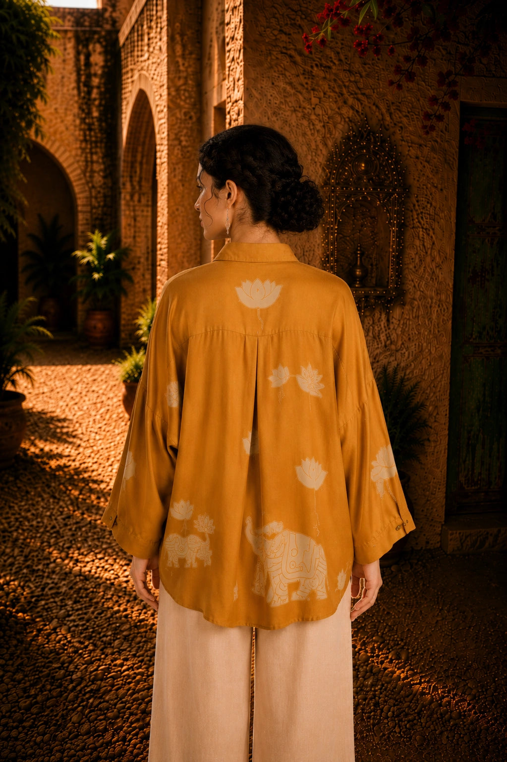 Yellow Kalamkari Elephant & Lotus Print Oversized Cotton Shirt – Premium Relaxed Fit Ethnic Fusion Top for Women