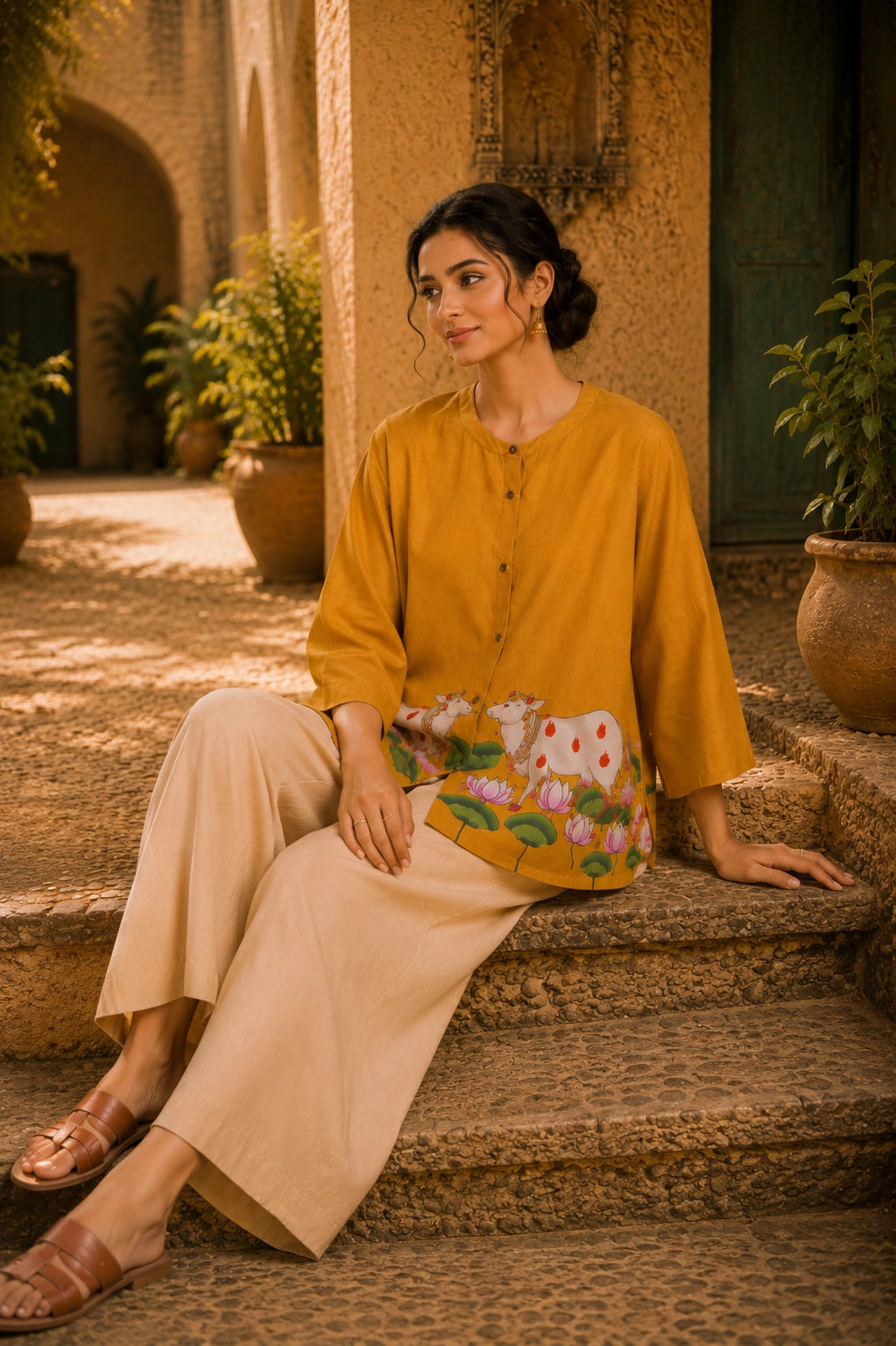 Surbhi Kalamkari Oversized Cotton Shirt for Women –  Golden Yellow
