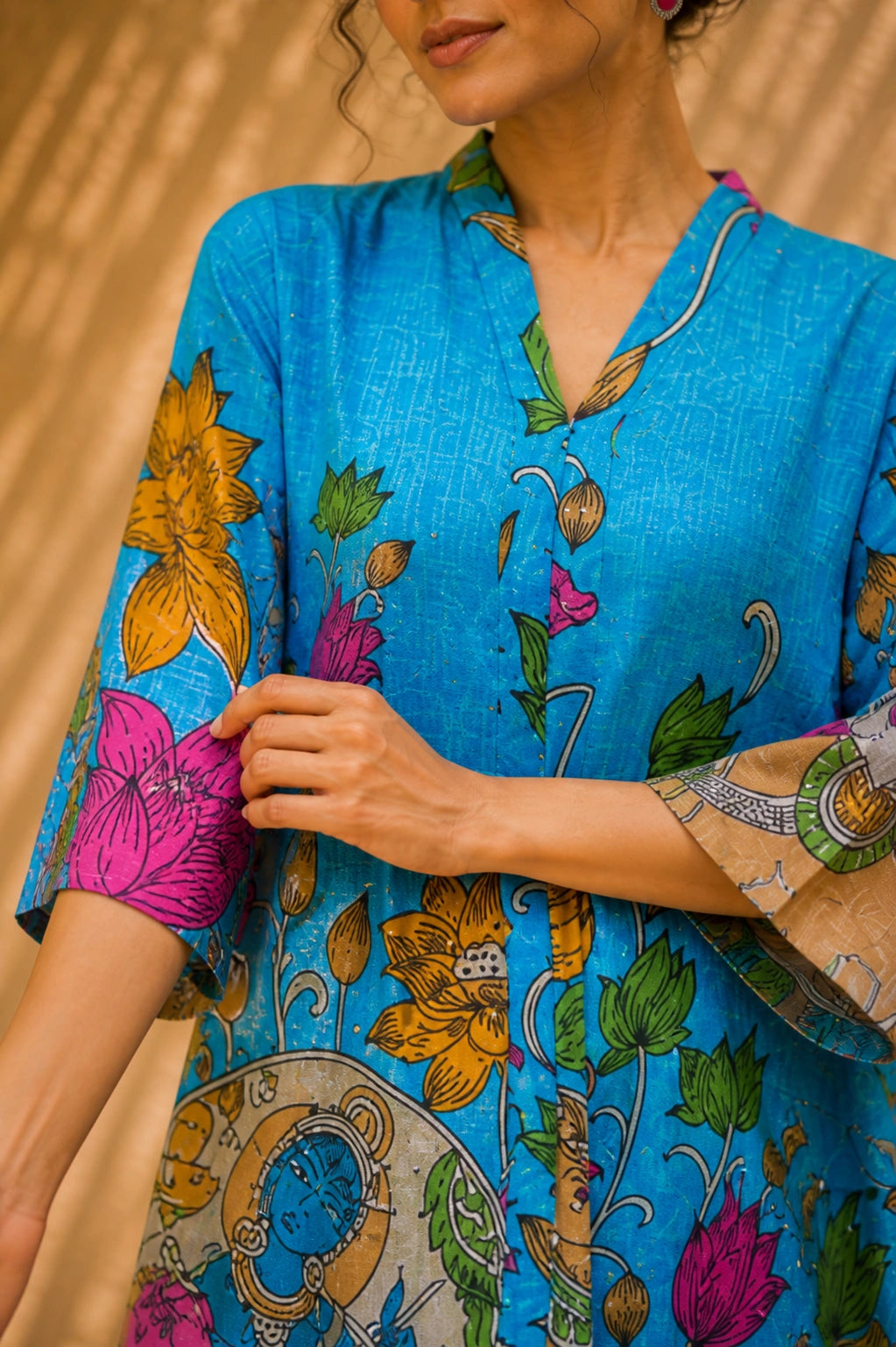 Vrindika Premium Cotton Printed Kurta Set with Pants – Electric Blue Floral Ethnic Wear