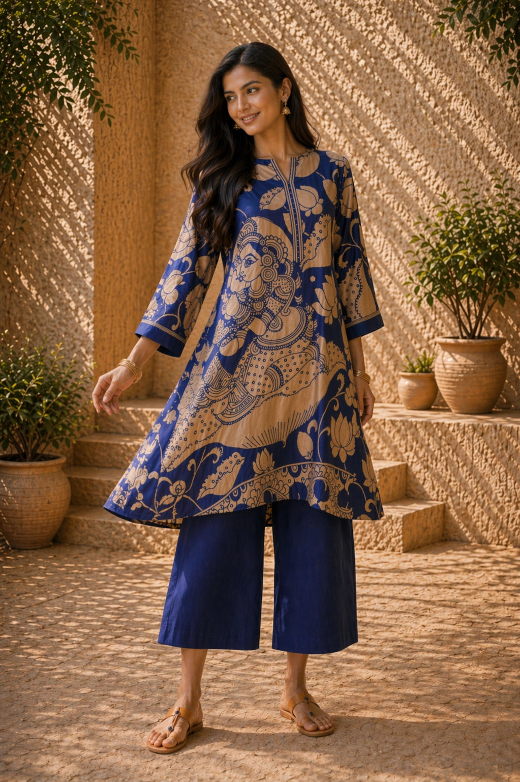 Royal Blue Kurta Set with Embroidery and Kalamkari Print