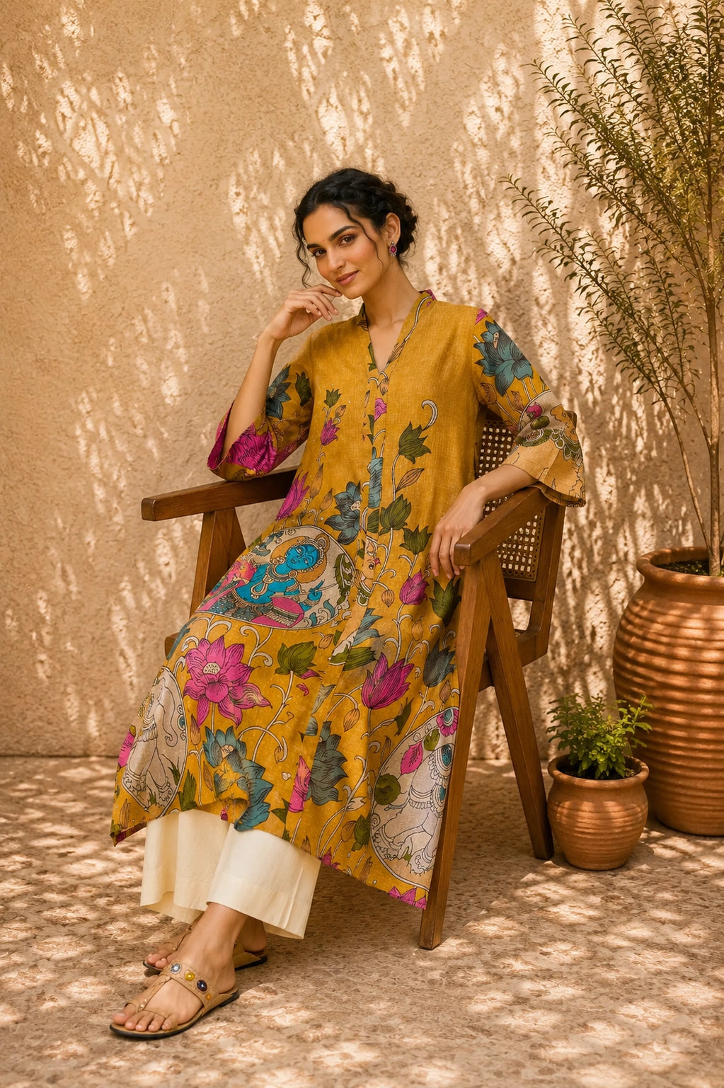 Vrindika Premium Cotton Printed Kurta Set with Pants – Mustard Floral Ethnic Wear