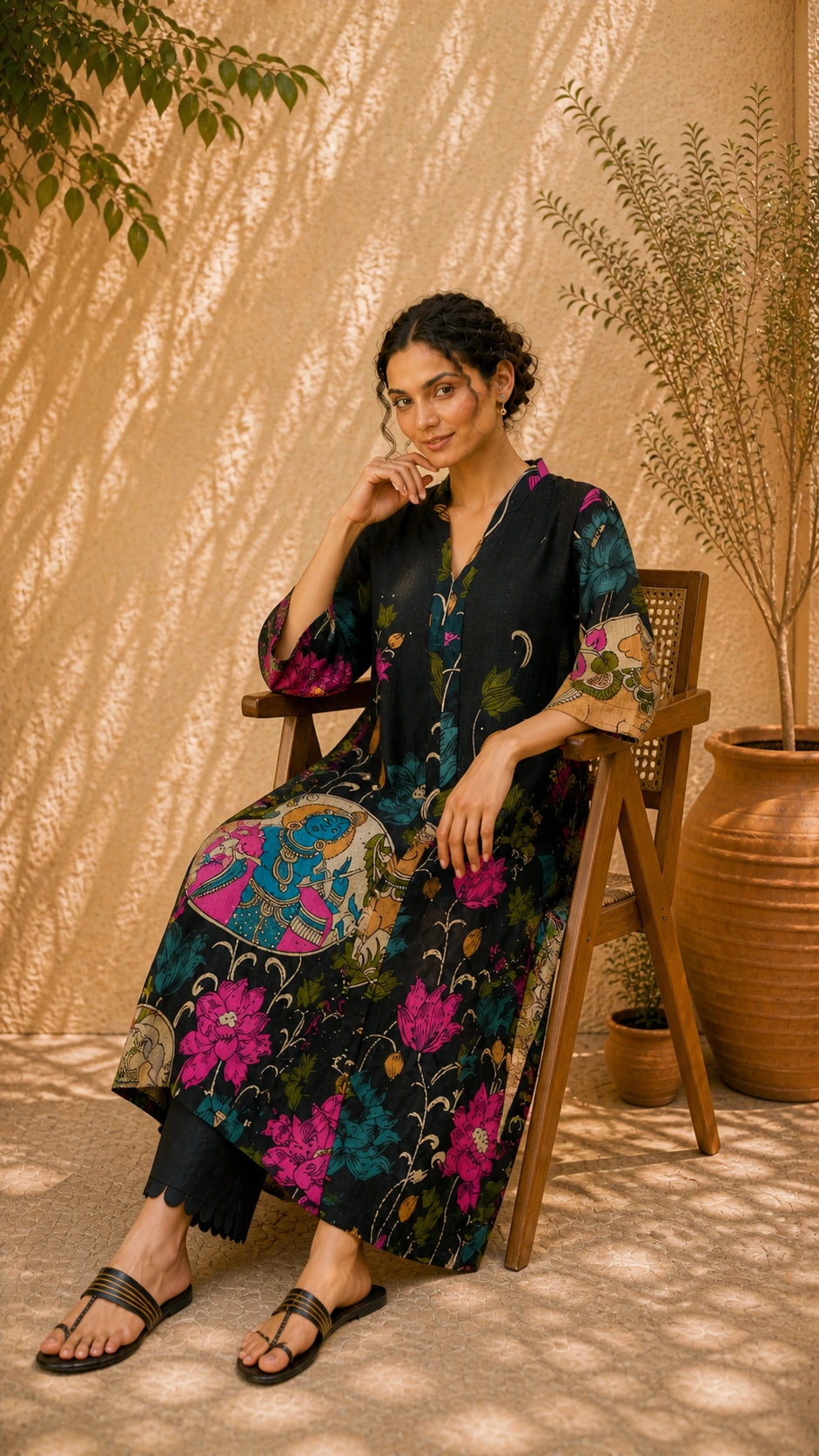 Vrindika Premium Cotton Printed Kurta Set with Pants – Black Floral Ethnic Wear