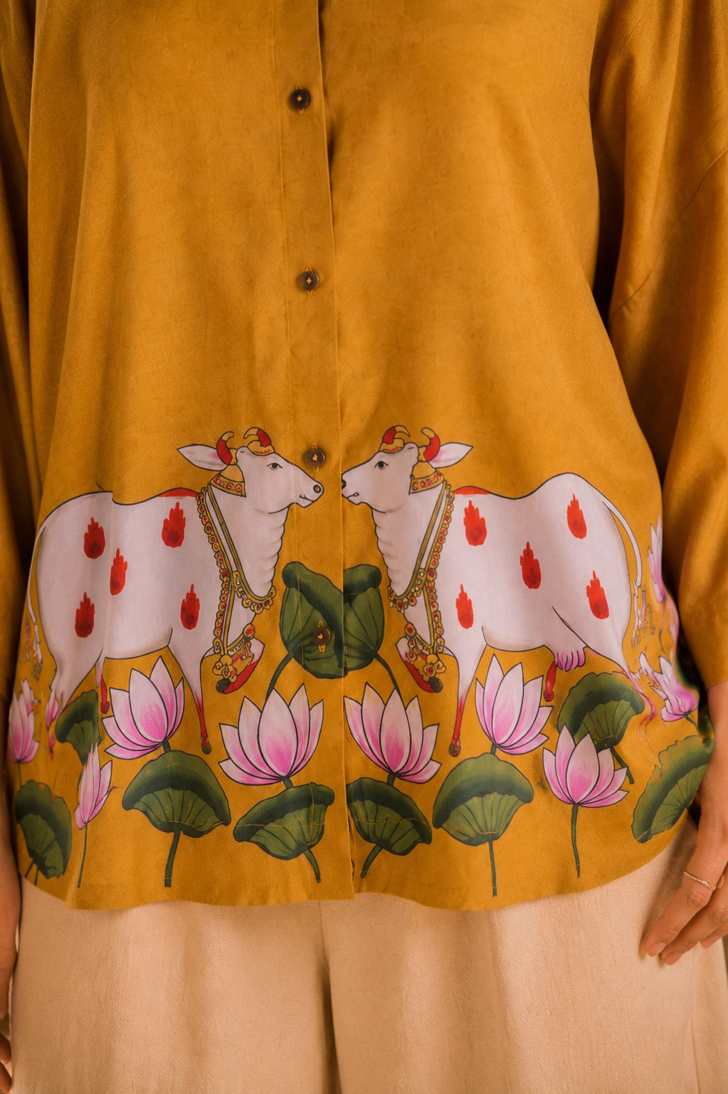 Surbhi Kalamkari Oversized Cotton Shirt for Women –  Golden Yellow
