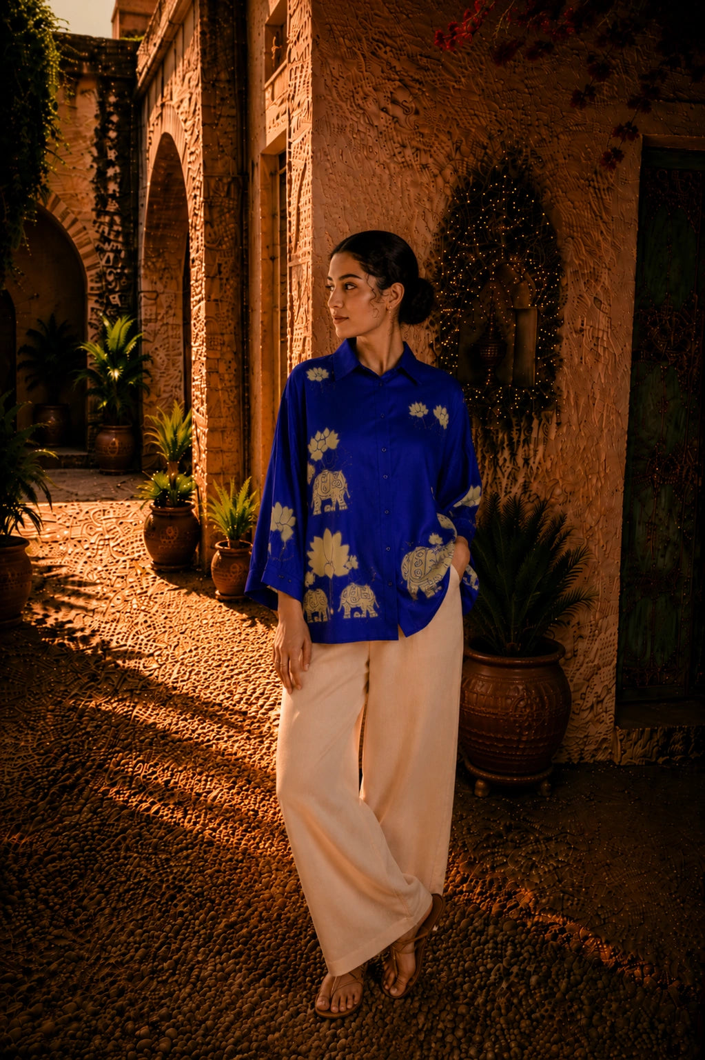 Royal Blue Kalamkari Elephant & Lotus Print Oversized Cotton Shirt – Premium Relaxed Fit Ethnic Fusion Top for Women