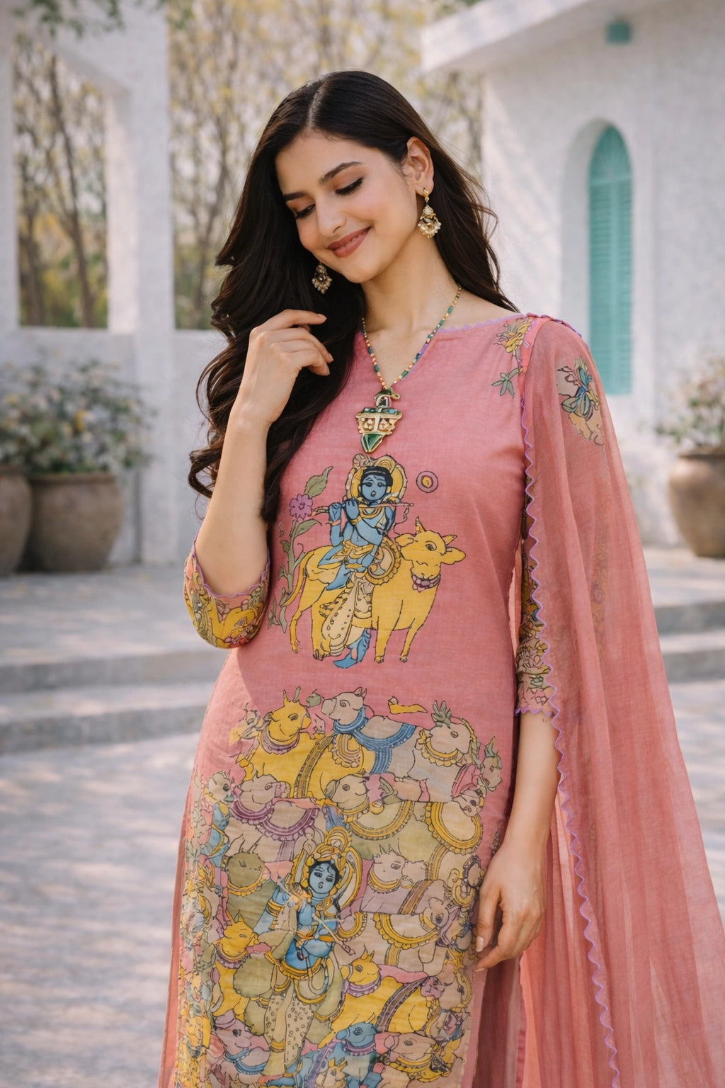 Pink Krishna Printed Cotton Kurta Pant Dupatta Set for Women | Ethnic Motif Kurti Set