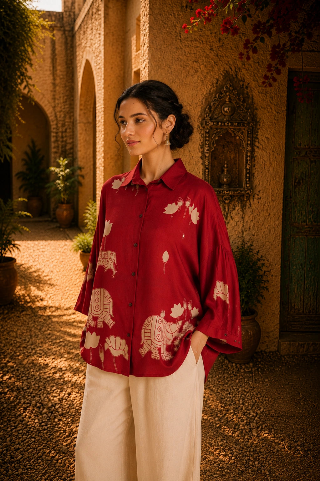Red Kalamkari Elephant & Lotus Print Oversized Cotton Shirt – Premium Relaxed Fit Ethnic Fusion Top for Women