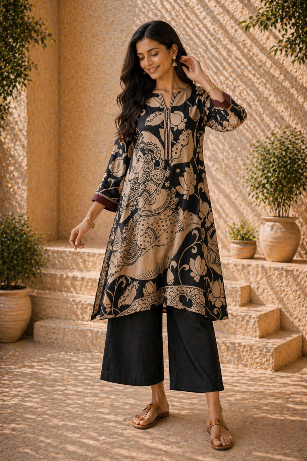 Black & Beige Kalamkari Kurta Set with Embroidery - Modern Ethnic Wear for Women