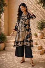 Black & Beige Kalamkari Kurta Set with Embroidery - Modern Ethnic Wear for Women