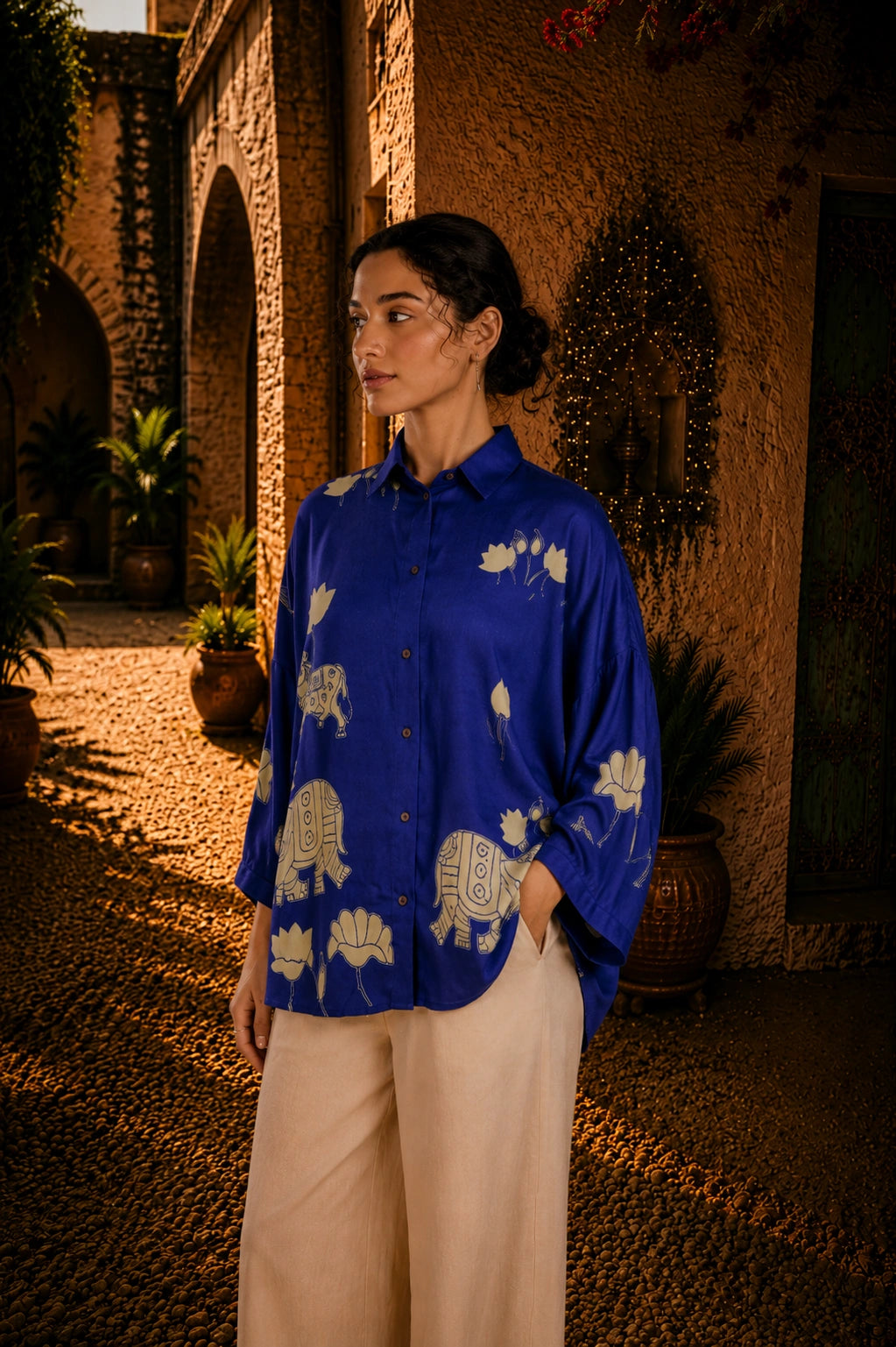 Royal Blue Kalamkari Elephant & Lotus Print Oversized Cotton Shirt – Premium Relaxed Fit Ethnic Fusion Top for Women