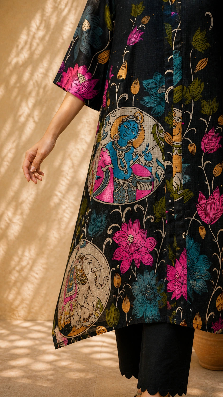 Vrindika Premium Cotton Printed Kurta Set with Pants – Black Floral Ethnic Wear