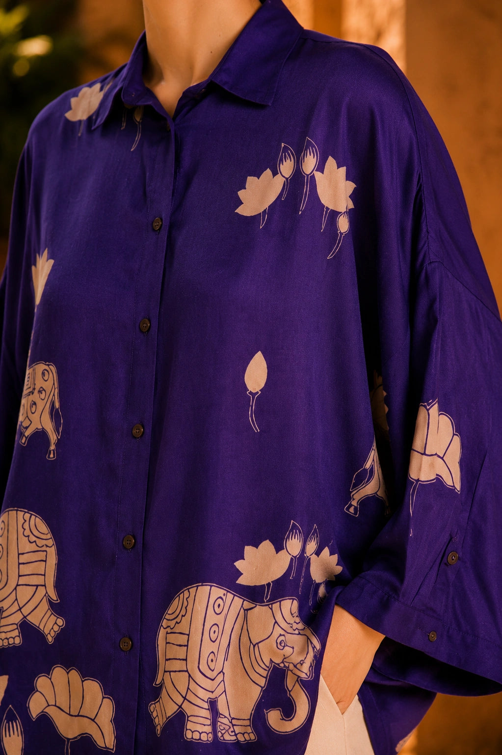 Purple Kalamkari Elephant & Lotus Print Oversized Cotton Shirt | Premium Relaxed Fit Ethnic Fusion Top for Women