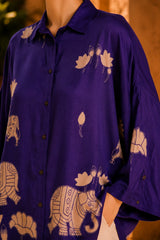 Purple Kalamkari Elephant & Lotus Print Oversized Cotton Shirt | Premium Relaxed Fit Ethnic Fusion Top for Women
