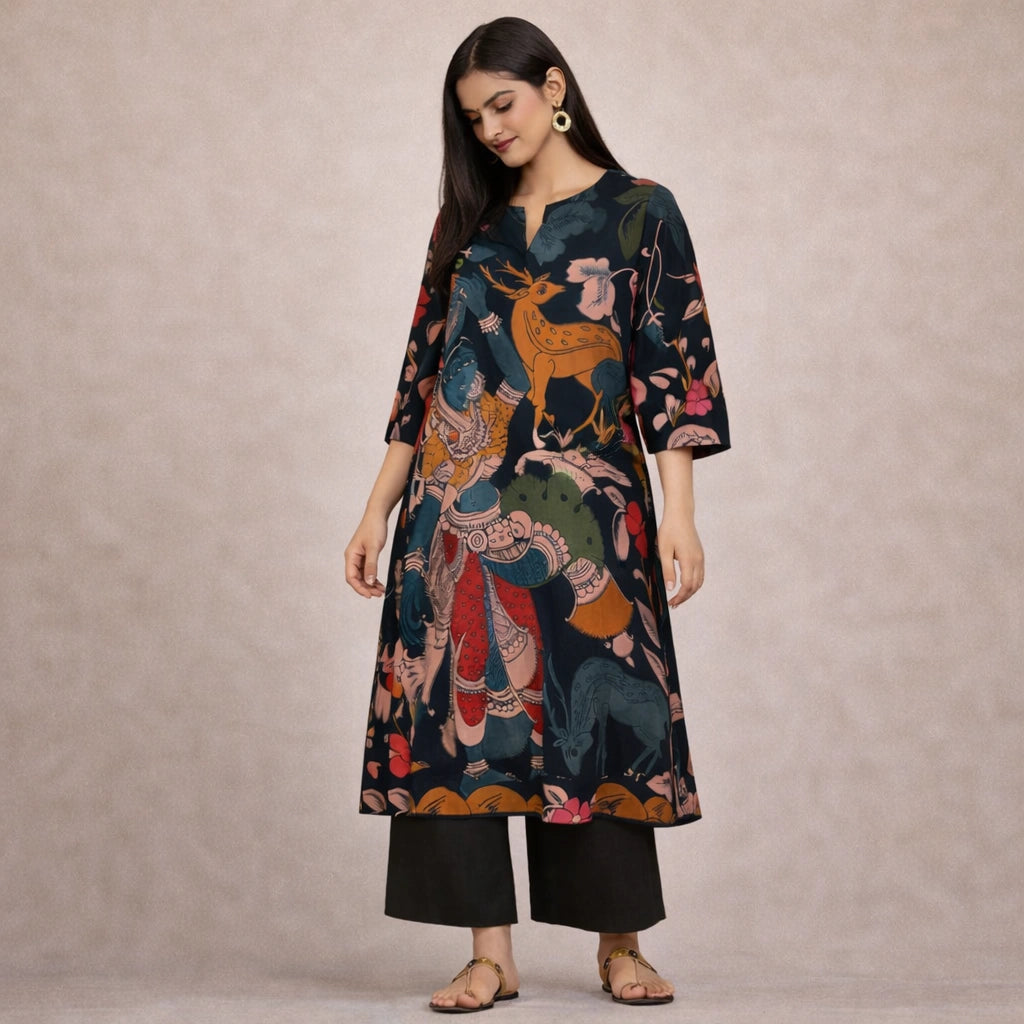 Chitra Kalamkari Print Kurta & Relaxed Pants Set (Black & Multi-Colored)