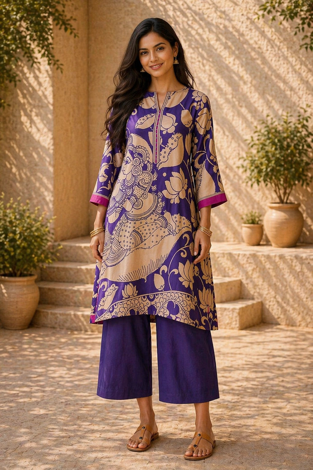 Violet Kalamkari Print Kurta Set with Embroidery - Traditional Ethnic Wear for Women