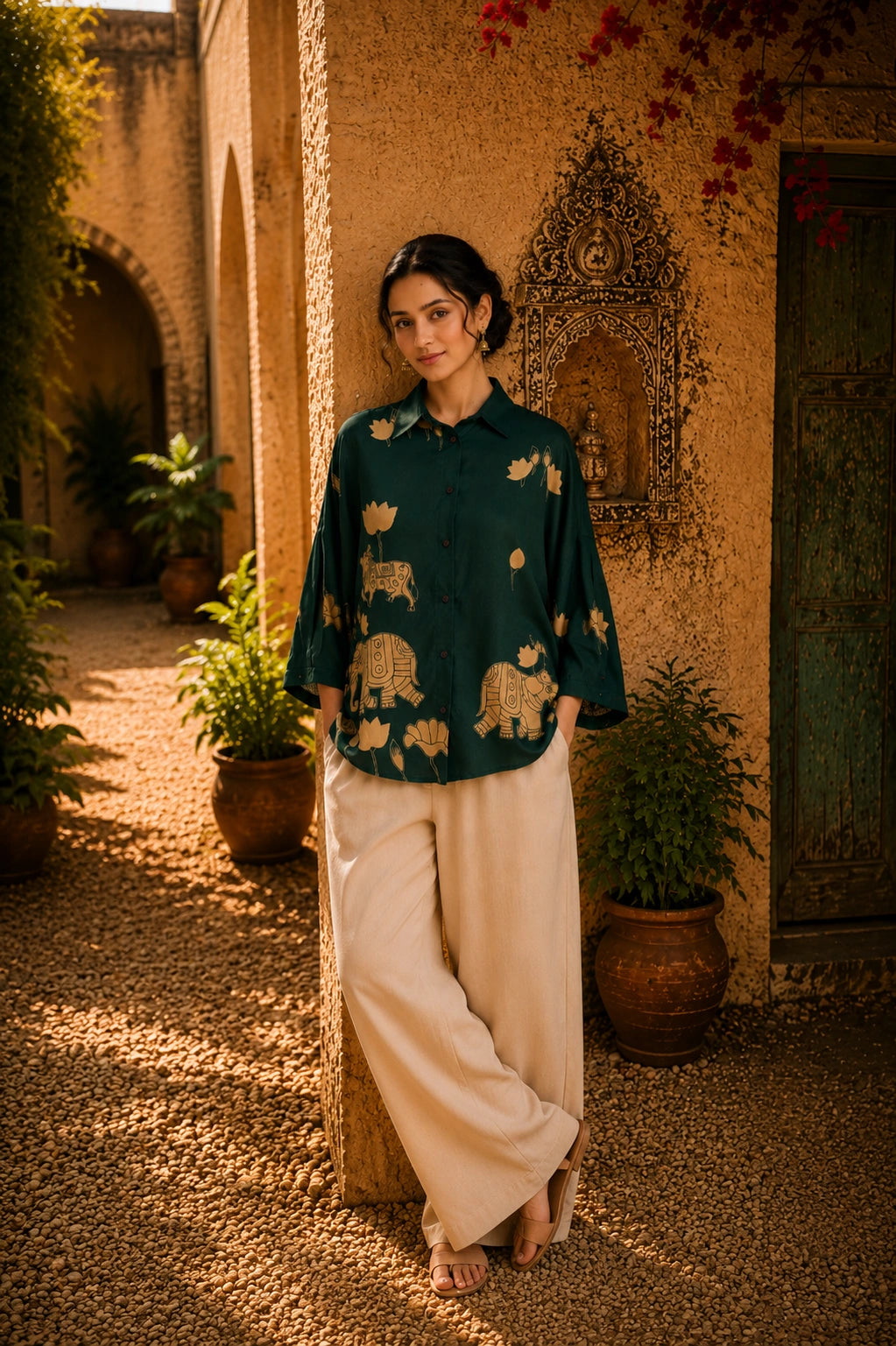 Green Kalamkari Elephant & Lotus Print Oversized Cotton Shirt – Premium Relaxed Fit Ethnic Fusion Top for Women