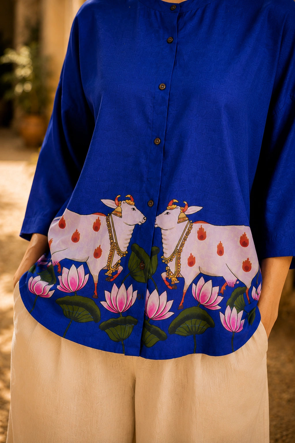 Surbhi Kalamkari Oversized Cotton Shirt for Women – Royal Blue