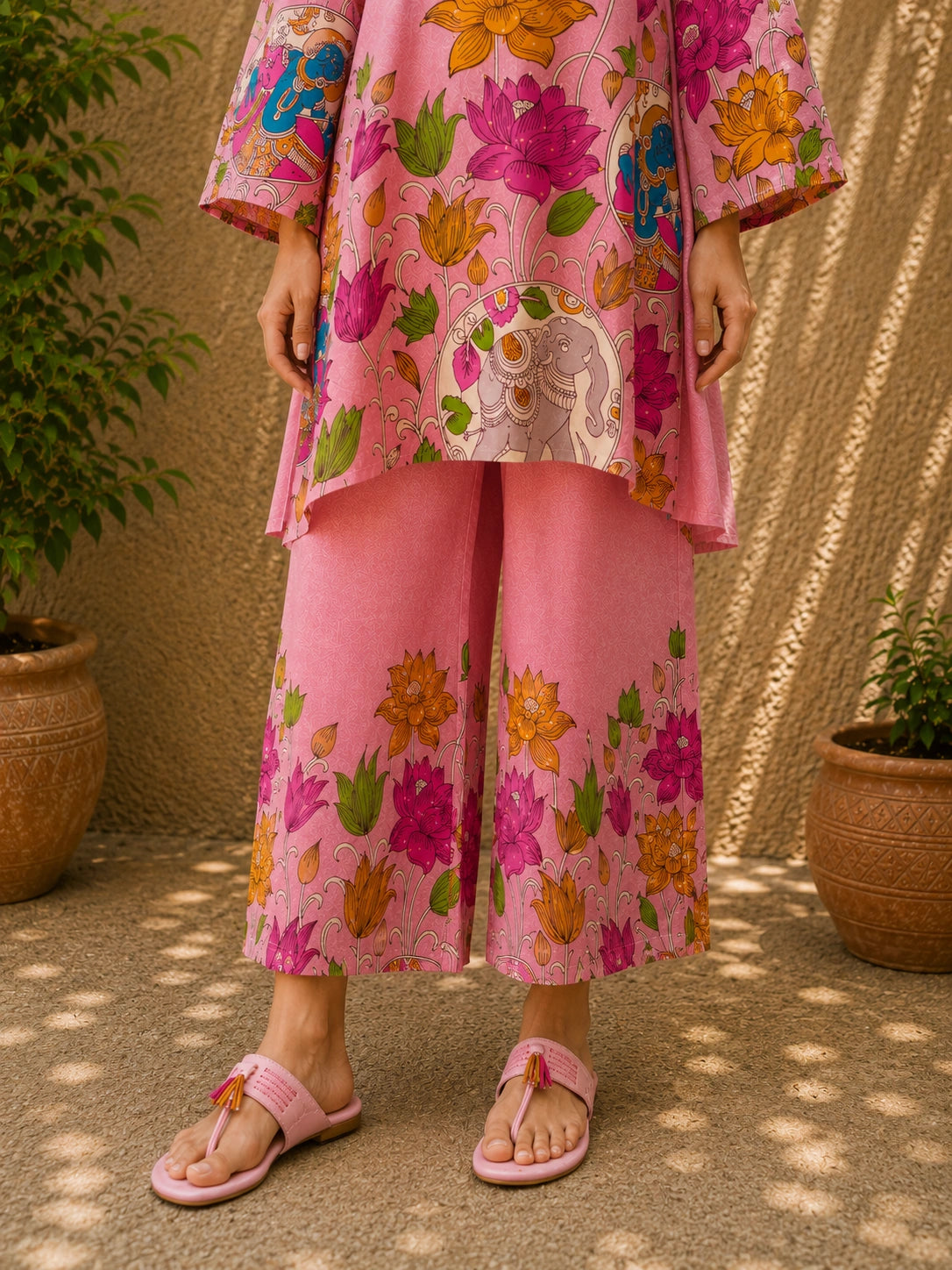 Vrindika Premium Cotton Printed Co-ord Set with Pants – Pink Floral Ethnic Wear