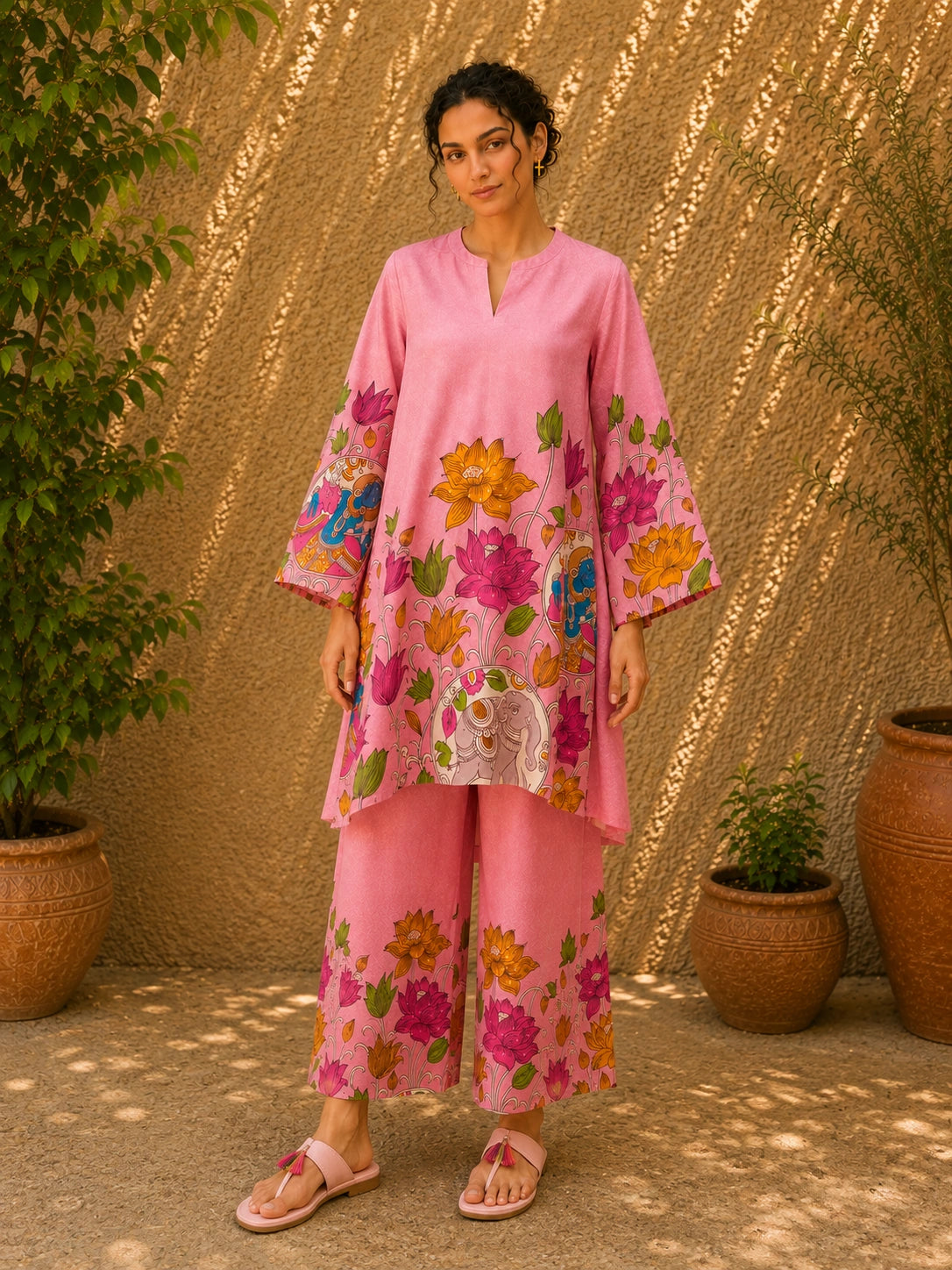 Vrindika Premium Cotton Printed Co-ord Set with Pants – Pink Floral Ethnic Wear
