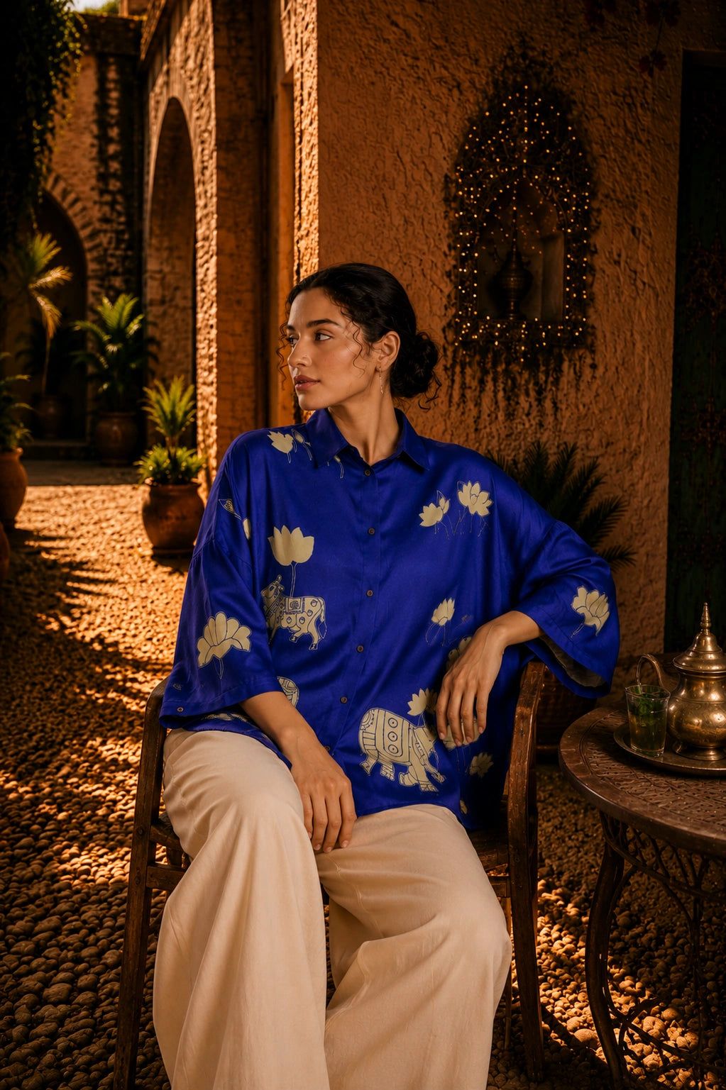 Royal Blue Kalamkari Elephant & Lotus Print Oversized Cotton Shirt – Premium Relaxed Fit Ethnic Fusion Top for Women