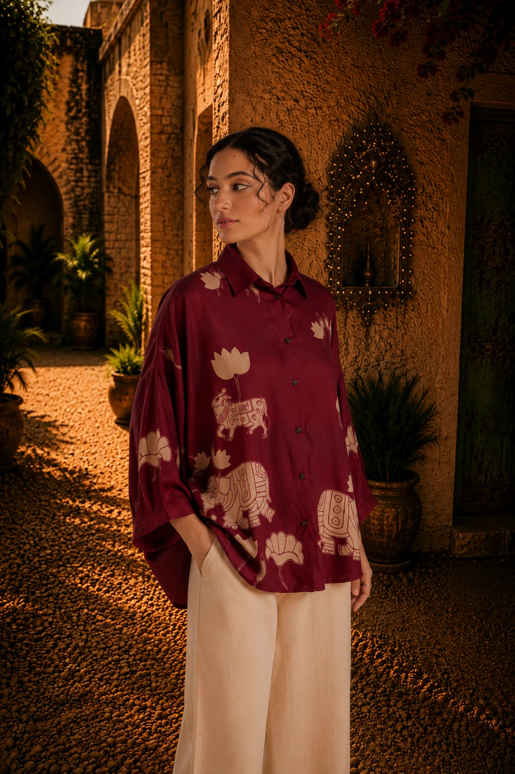 Maroon Kalamkari Elephant & Lotus Print Oversized Cotton Shirt – Premium Relaxed Fit Ethnic Fusion Top for Women