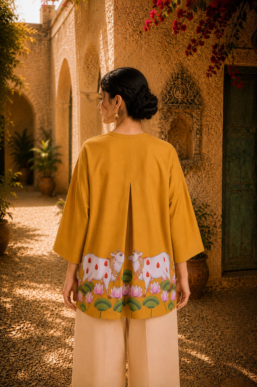 Surbhi Kalamkari Oversized Cotton Shirt for Women –  Golden Yellow