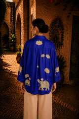 Royal Blue Kalamkari Elephant & Lotus Print Oversized Cotton Shirt – Premium Relaxed Fit Ethnic Fusion Top for Women