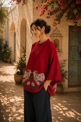 Surbhi Kalamkari Oversized Cotton Shirt for Women – Blood Red